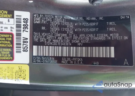 2014 Toyota Sienna Xle V6 8 Passenger from USA, damaged, VIN 5TDYK3DC1ES483814